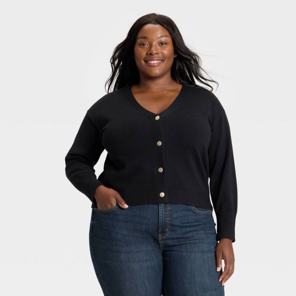 Women's Button-Front Cardigan Sweater - Ava & Viv Black 3X